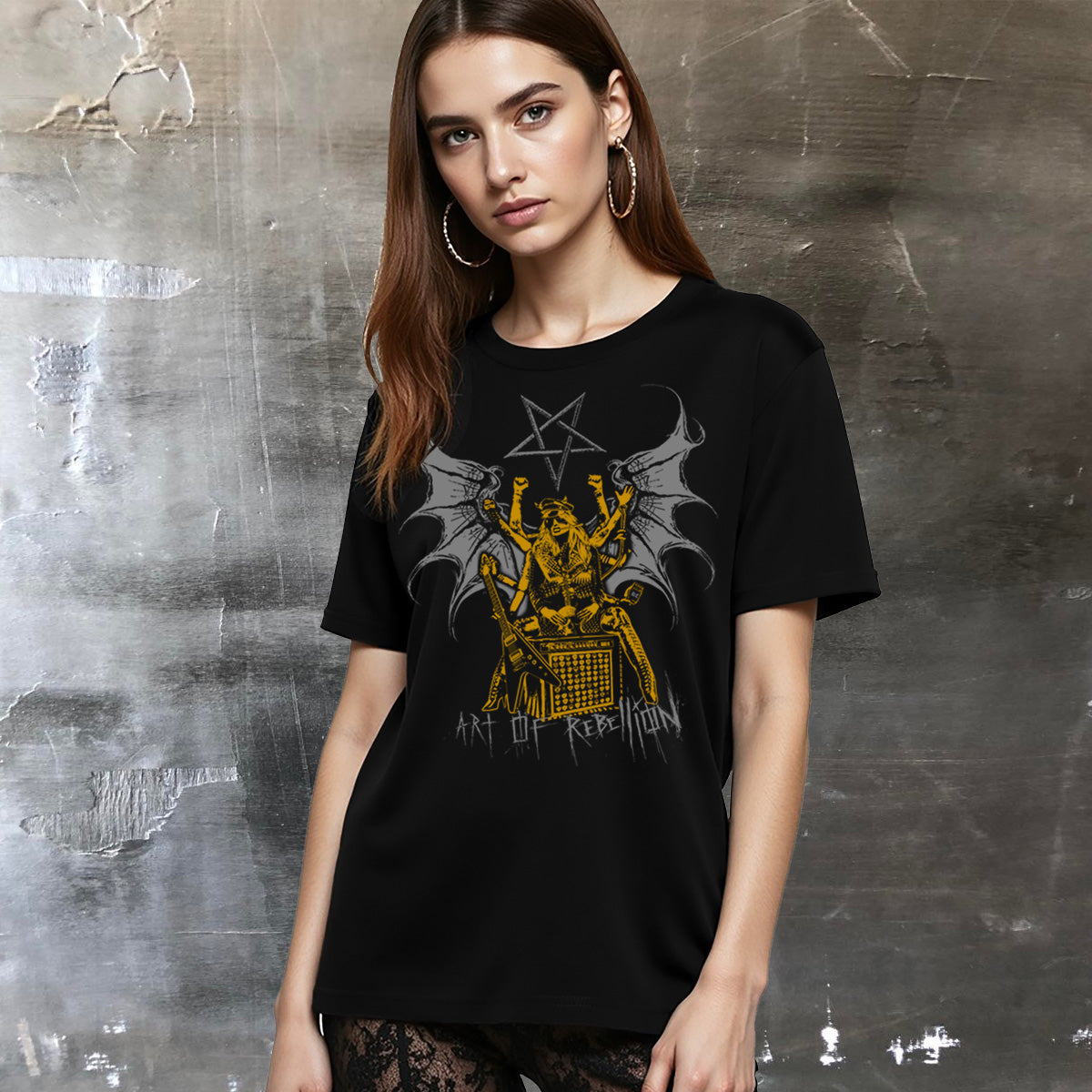 Front view of black cotton Shiva guitar shirt
