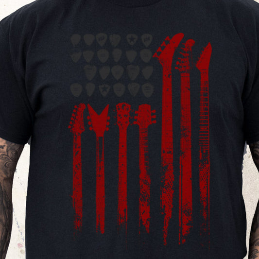 Close-up of gothic electric guitar print on black cotton tee