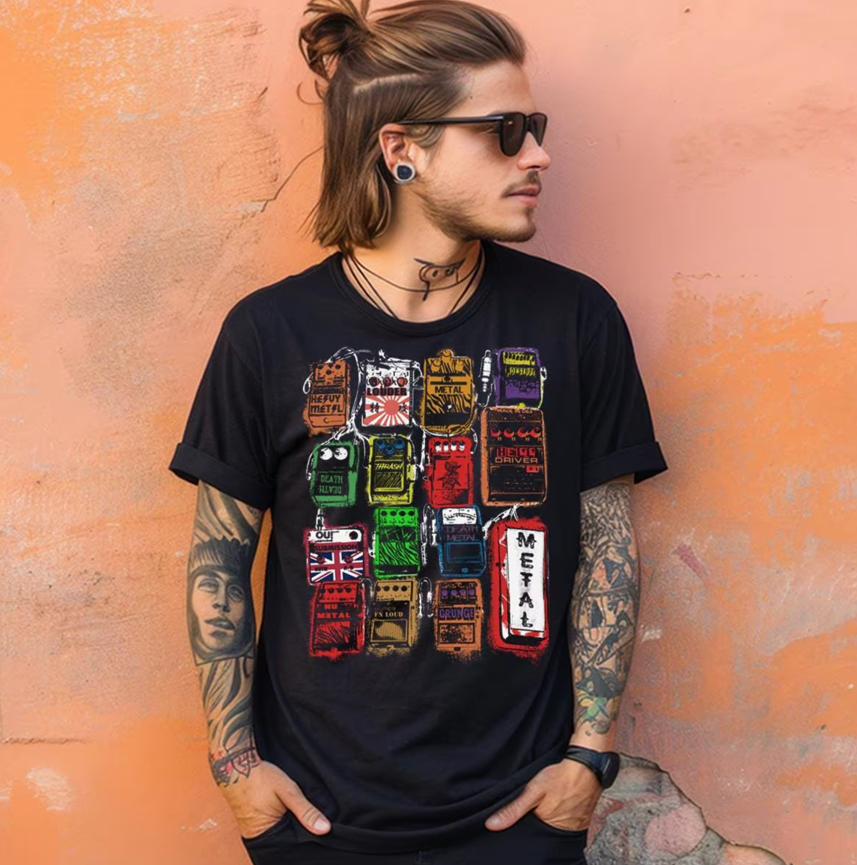 Close-up of guitar effects pedal artwork printed on cotton tee, showcasing fine detail and edgy design