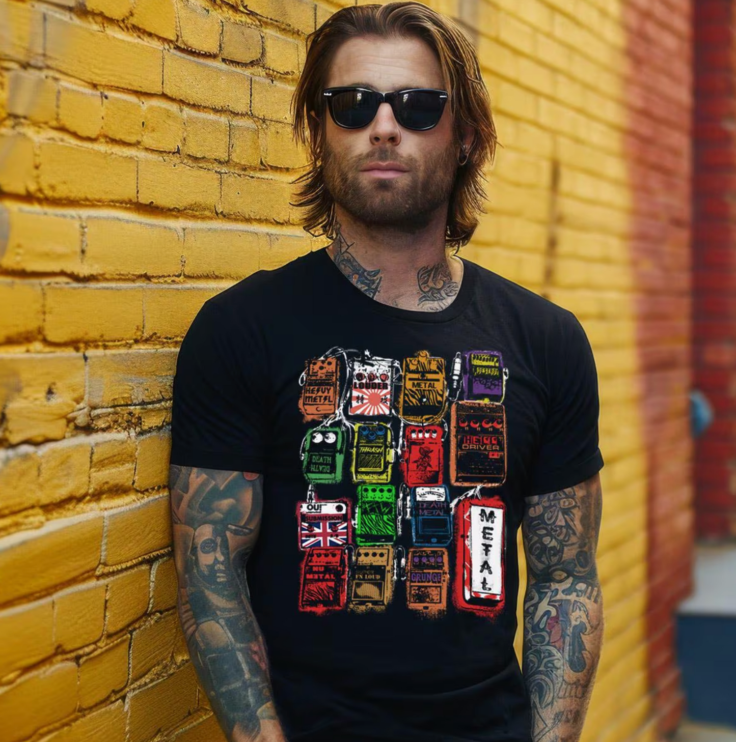 Male model wearing the Distortion Pedal T-Shirt, holding electric guitar, rocker vibe outdoors