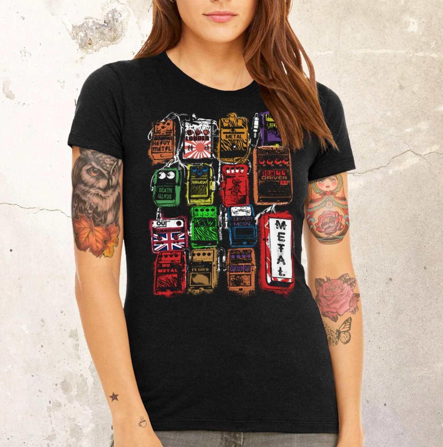 Female model wearing the shirt in urban setting, edgy heavy metal style