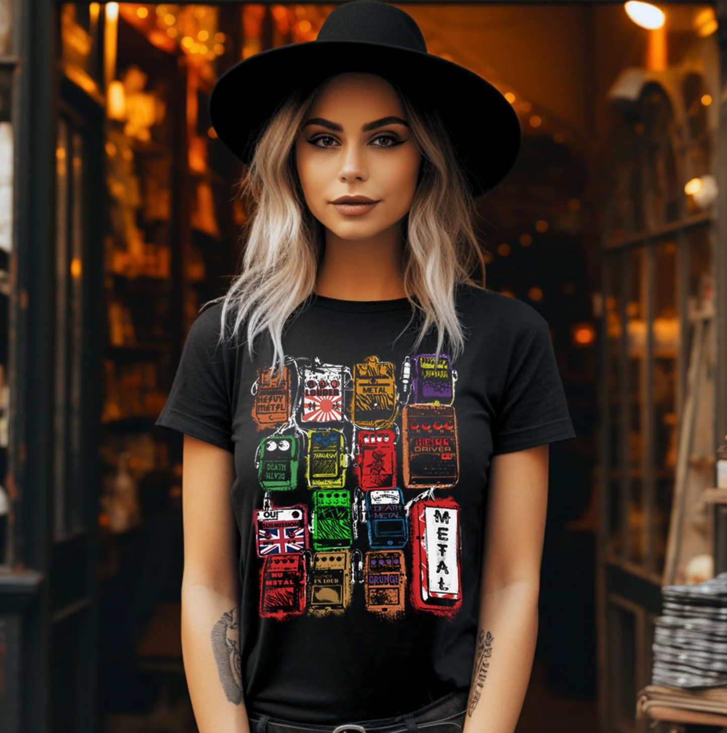 Female model wearing the shirt in urban setting, edgy heavy metal style