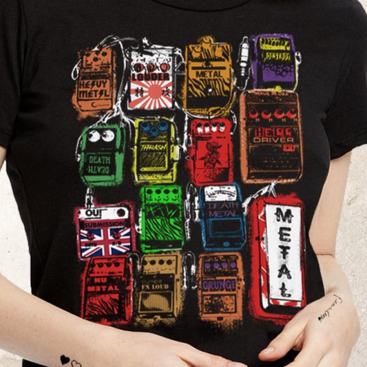Close-up of guitar effects pedal artwork printed on cotton tee, showcasing fine detail and edgy design