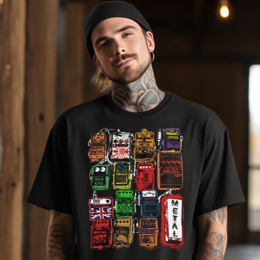 Front view of black Distortion Pedal T-Shirt featuring hand-drawn FX pedal graphic, laid flat on white background