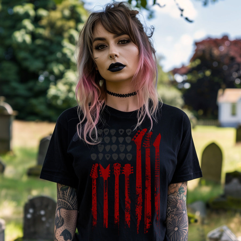Front view of death metal guitar t-shirt with American flag