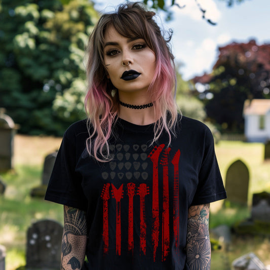 Front view of death metal guitar t-shirt with American flag