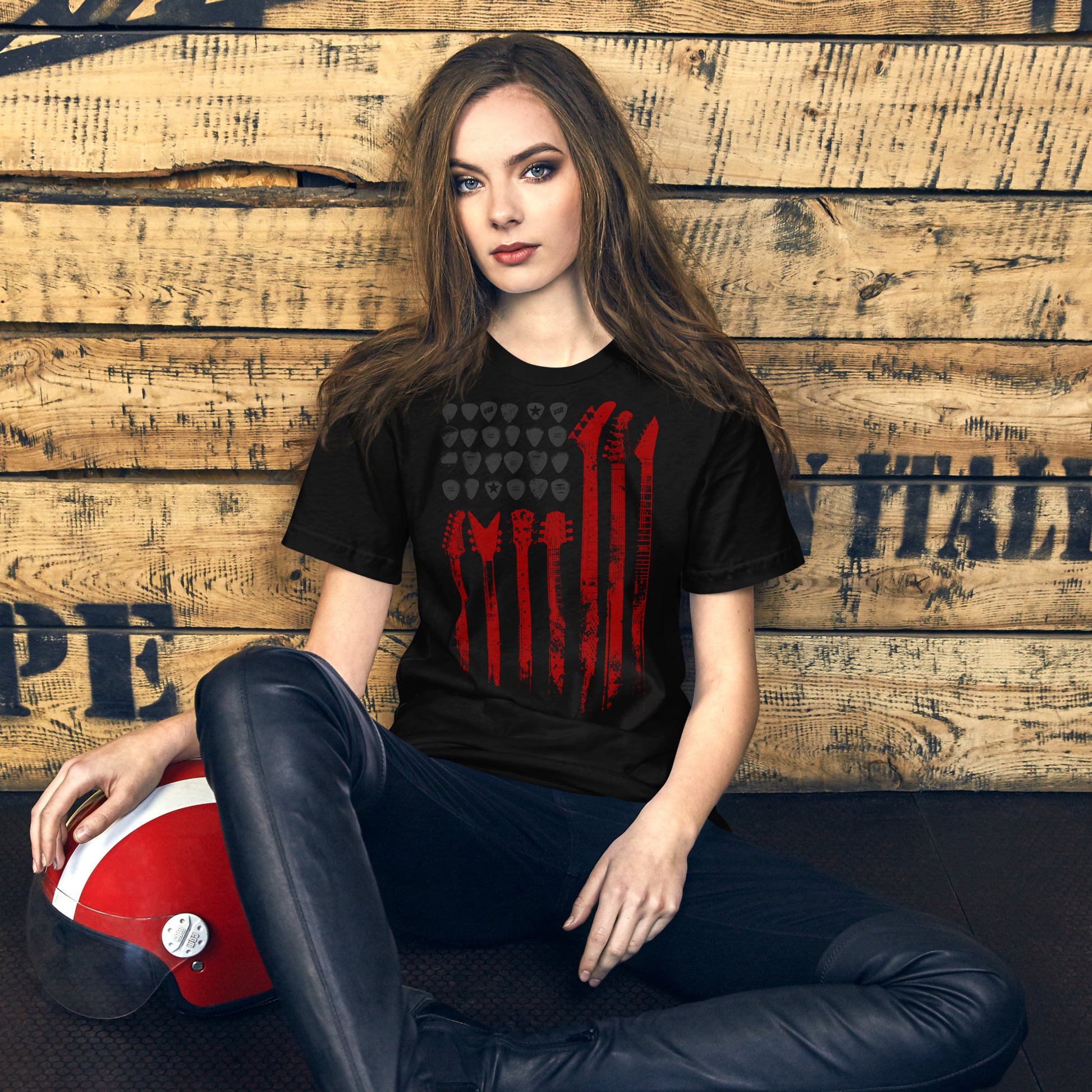 Edgy American flag t-shirt with guitar for death metal fans