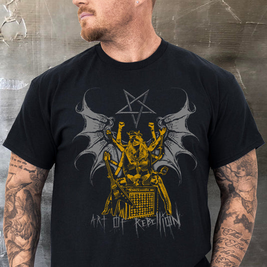 Shiva playing guitar graphic on black t-shirt

